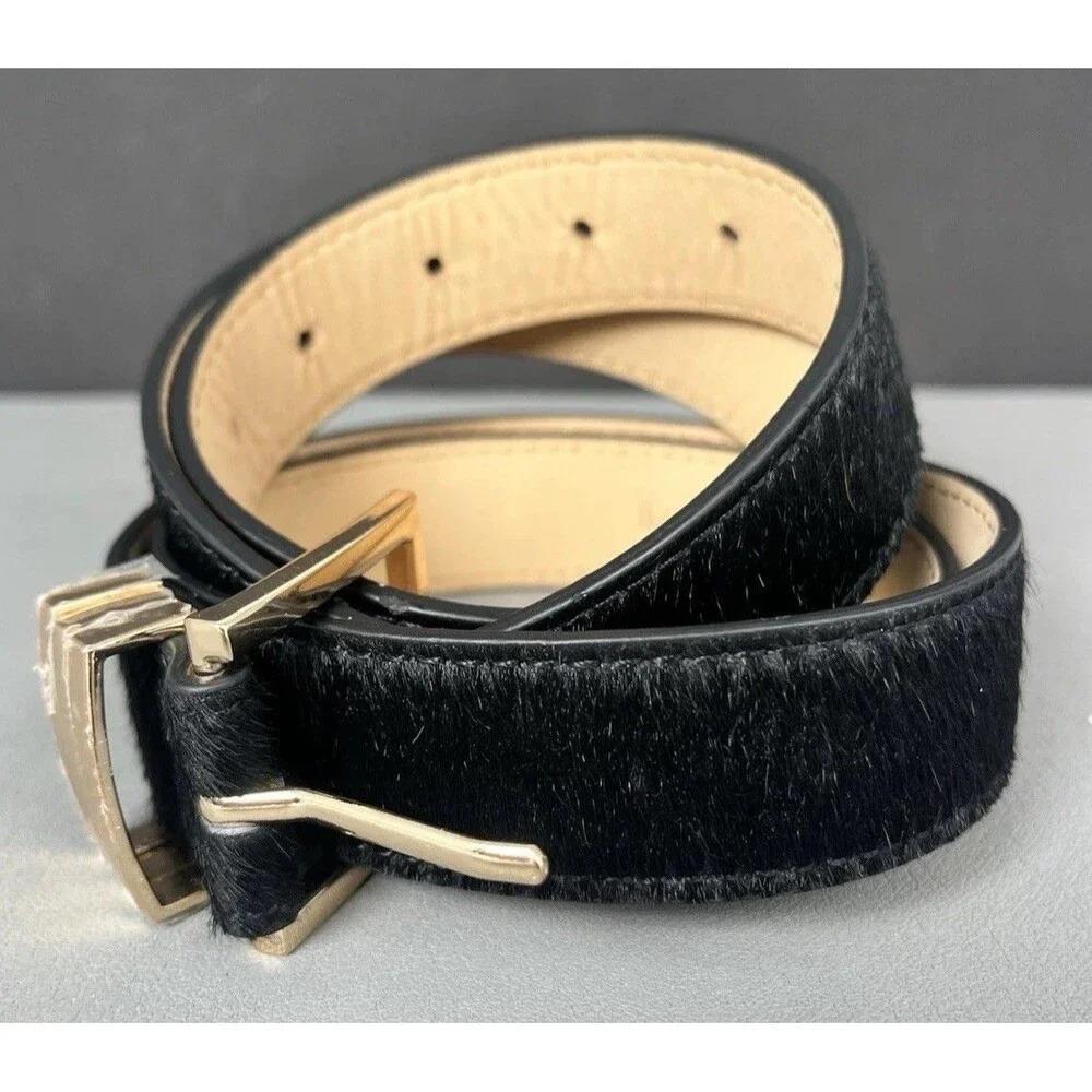 Vtg BANANA REPUBLIC COWHAIR COWHIDE WESTERN Leather Belt Woman XL Black USA